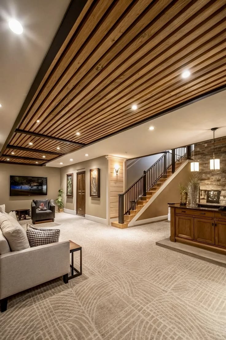 Finished basement with wood-slat ceiling and stone fireplace in a North York Toronto home